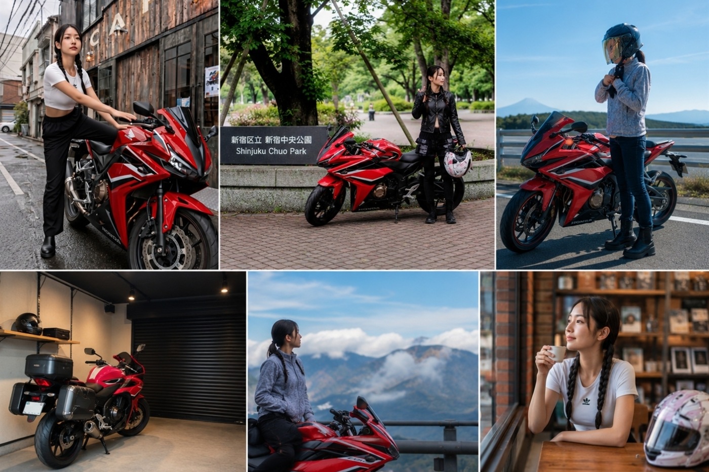 女性ライダーとバイクのさまざまな場面