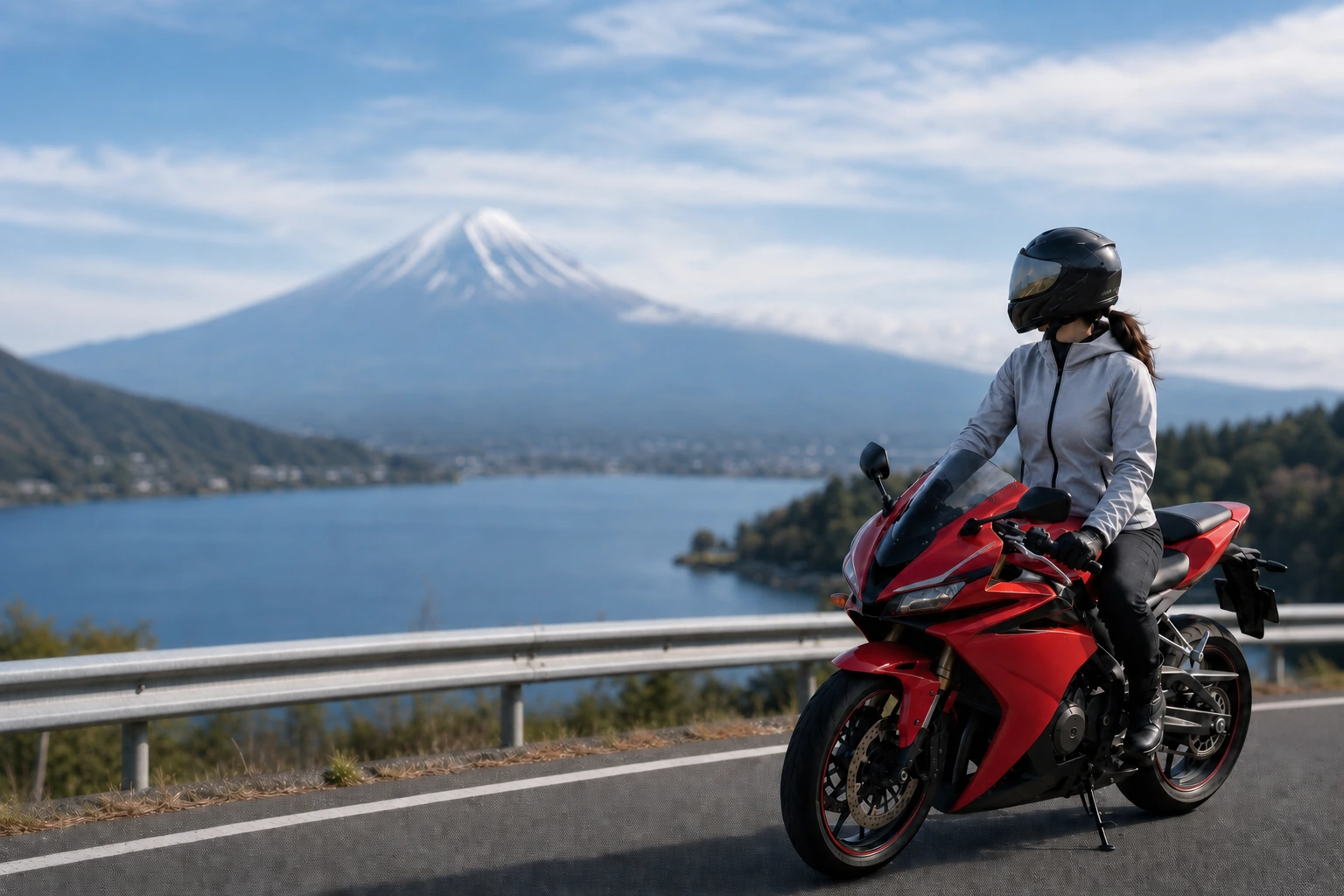 富士山と湖を望む道で赤いバイクにまたがる女性ライダー（イメージ）